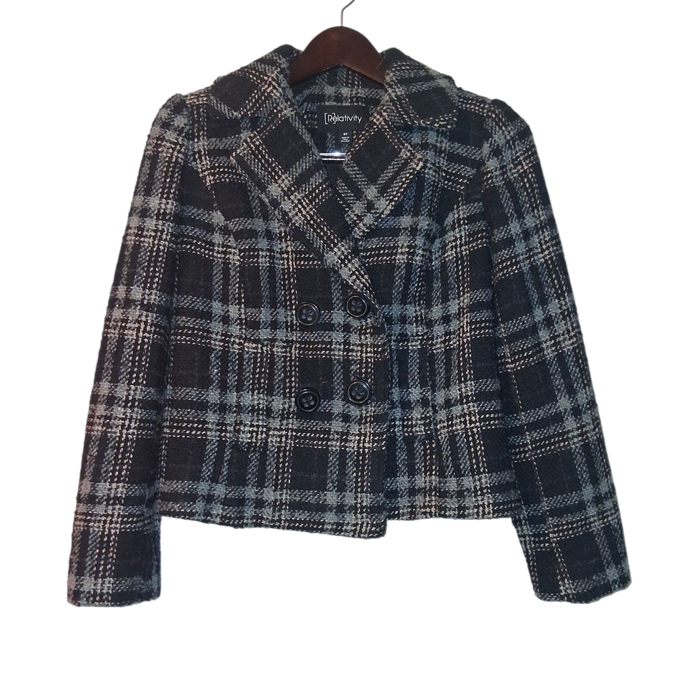 Relativity Black and White Plaid Pea Coat